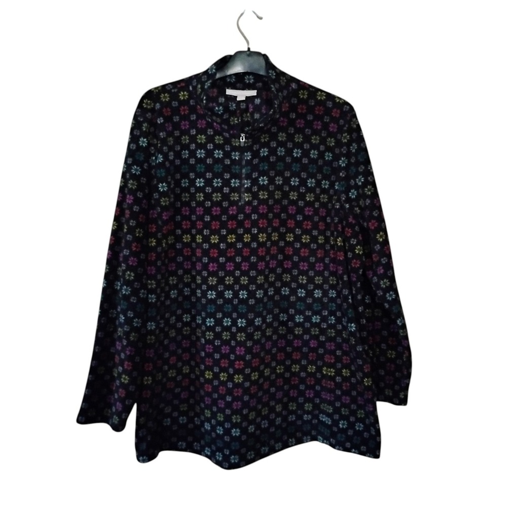 Woman Within Fleece Pullover 1X 22/24 Black Multi Snowflake Quarter Zip Jacket